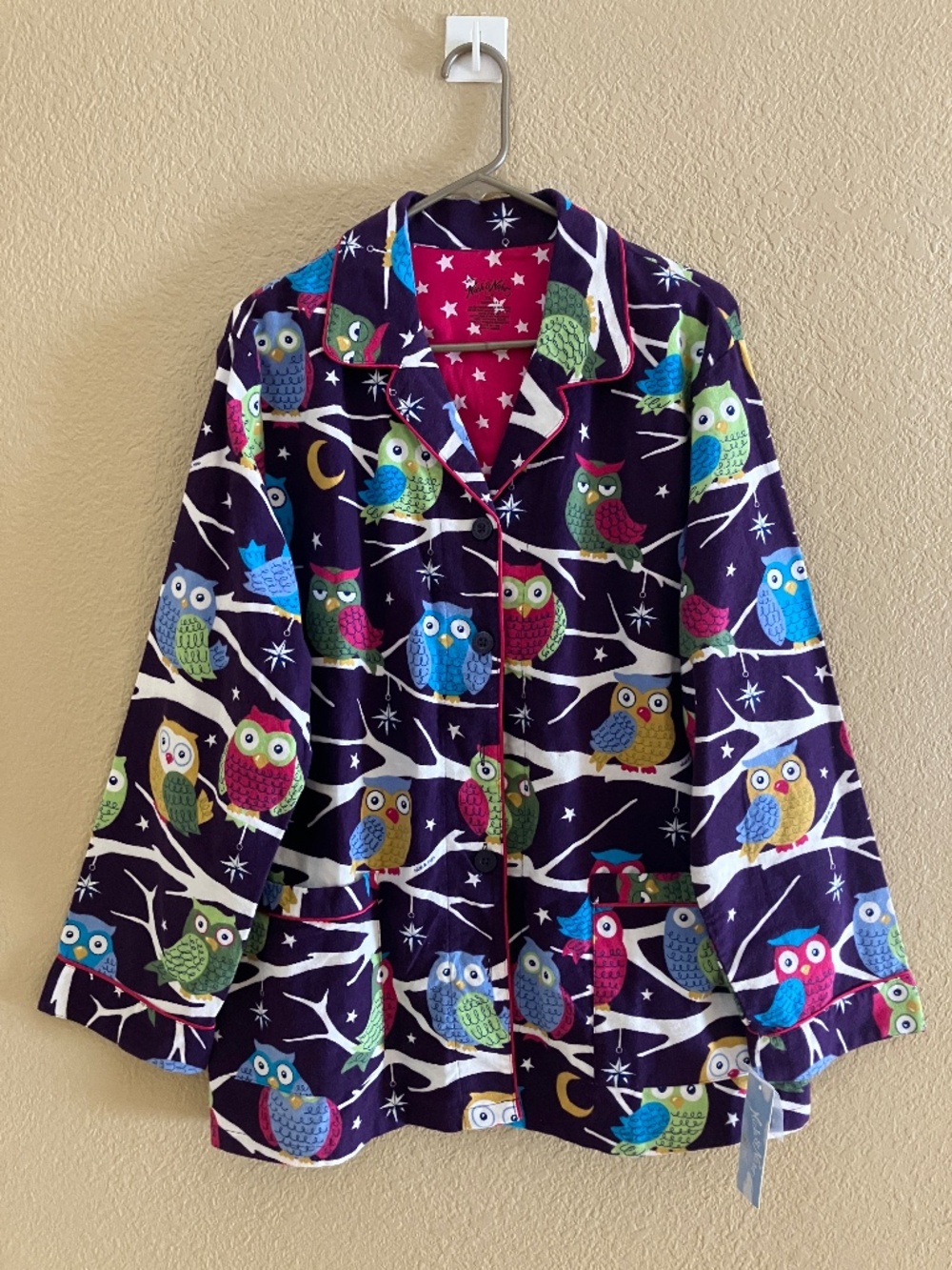 NICK & NORA Pajama Top Women's  XXL Purple Owls Cotton Fabric Tag Attached